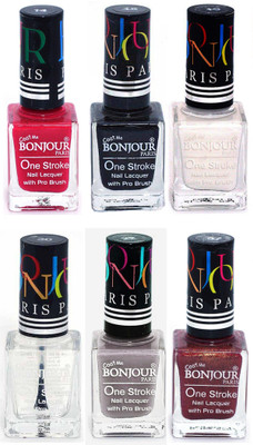 

Bonjour Paris Candy Color Long Lasting Nail paint For Teen Girls Women Nail Polish set A 222 Pink-Black-White-Top coat-Light Gray-Coffee(Pack of 6)