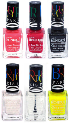 

Bonjour Paris Candy Color Long Lasting Nail paint For Teen Girls Women Nail Polish set A 215 Light Pink-Pink-Black-White-Top coat-Yellow(Pack of 6)