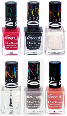 

Bonjour Paris Candy Color Long Lasting Nail paint For Teen Girls Women Nail Polish set A 216 Pink-Black-White-Top coat-Light Gray-Nude(Pack of 6)