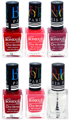 

Bonjour Paris Candy Color Long Lasting Nail paint For Teen Girls Women Nail Polish set A 124 Red-Pink-Mauve-Red-Light Pink-Top coat(Pack of 6)
