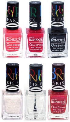 

Bonjour Paris Candy Color Long Lasting Nail paint For Teen Girls Women Nail Polish set A 205 Light Pink-Pink-Black-White-Top coat-Maroon(Pack of 6)