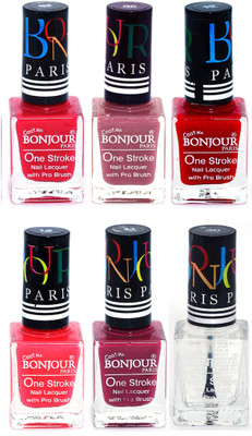 

Bonjour Paris Candy Color Long Lasting Nail paint For Teen Girls Women Nail Polish set A 81 Pink-Mauve-Red-Pink-Mauve-Top coat(Pack of 6)