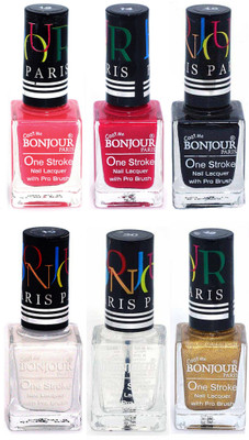 

Bonjour Paris Candy Color Long Lasting Nail paint For Teen Girls Women Nail Polish set A 210 Light Pink-Pink-Black-White-Top coat-Golden(Pack of 6)