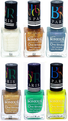 

Bonjour Paris Candy Color Long Lasting Nail paint For Teen Girls Women Nail Polish set A 345 White-Golden-Sky Blue-Golden-Green-Yellow(Pack of 6)