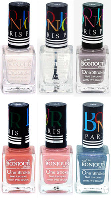 

Bonjour Paris Candy Color Long Lasting Nail paint For Teen Girls Women Nail Polish set A 254 White-Top coat-Light Gray-Nude-Nude-Sky Blue(Pack of 6)
