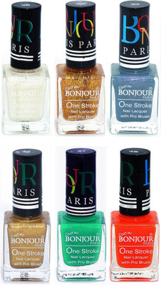

Bonjour Paris Candy Color Long Lasting Nail paint For Teen Girls Women Nail Polish set A 343 White-Golden-Sky Blue-Golden-Green-Neon Orange(Pack of 6)