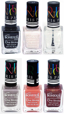 

Bonjour Paris Candy Color Long Lasting Nail paint For Teen Girls Women Nail Polish set A 237 Black-White-Top coat-Light Gray-Nude-Coffee(Pack of 6)