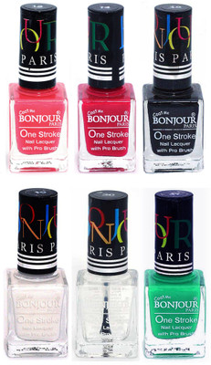 

Bonjour Paris Candy Color Long Lasting Nail paint For Teen Girls Women Nail Polish set A 211 Light Pink-Pink-Black-White-Top coat-Green(Pack of 6)