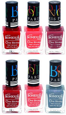 

Bonjour Paris Candy Color Long Lasting Nail paint For Teen Girls Women Nail Polish set A 135 Red-Pink-Mauve-Red-Light Pink-Sky Blue(Pack of 6)