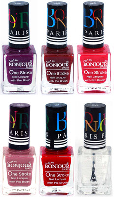 

Bonjour Paris Candy Color Long Lasting Nail paint For Teen Girls Women Nail Polish set A 34 Plum-Dark Red-Pink-Mauve-Red-Top coat(Pack of 6)