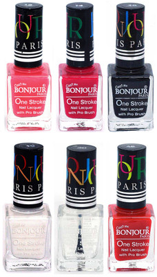

Bonjour Paris Candy Color Long Lasting Nail paint For Teen Girls Women Nail Polish set A 212 Light Pink-Pink-Black-White-Top coat-Red(Pack of 6)