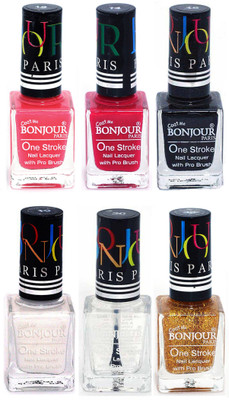 

Bonjour Paris Candy Color Long Lasting Nail paint For Teen Girls Women Nail Polish set A 208 Light Pink-Pink-Black-White-Top coat-Golden(Pack of 6)