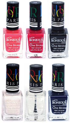 

Bonjour Paris Candy Color Long Lasting Nail paint For Teen Girls Women Nail Polish set A 203 Light Pink-Pink-Black-White-Top coat-Blue(Pack of 6)