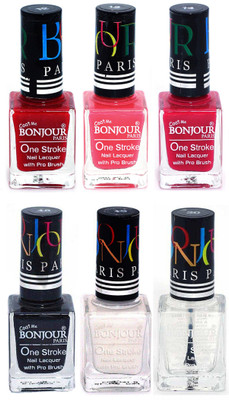

Bonjour Paris Candy Color Long Lasting Nail paint For Teen Girls Women Nail Polish set A 181 Red-Light Pink-Pink-Black-White-Top coat(Pack of 6)