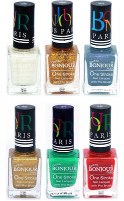 

Bonjour Paris Candy Color Long Lasting Nail paint For Teen Girls Women Nail Polish set A 342 White-Golden-Sky Blue-Golden-Green-Red(Pack of 6)