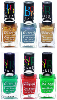 

Bonjour Paris Candy Color Long Lasting Nail paint For Teen Girls Women Nail Polish set A 347 Golden-Sky Blue-Golden-Green-Red-Neon Green(Pack of 6)