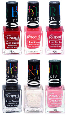 

Bonjour Paris Candy Color Long Lasting Nail paint For Teen Girls Women Nail Polish set A 187 Red-Light Pink-Pink-Black-White-Babby Pink(Pack of 6)