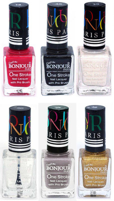 

Bonjour Paris Candy Color Long Lasting Nail paint For Teen Girls Women Nail Polish set A 226 Pink-Black-White-Top coat-Light Gray-Golden(Pack of 6)