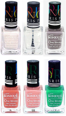 

Bonjour Paris Candy Color Long Lasting Nail paint For Teen Girls Women Nail Polish set A 256 White-Top coat-Light Gray-Nude-Nude-Green(Pack of 6)