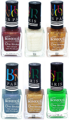

Bonjour Paris Candy Color Long Lasting Nail paint For Teen Girls Women Nail Polish set A 340 Coffee-White-Golden-Sky Blue-Golden-Neon Green(Pack of 6)