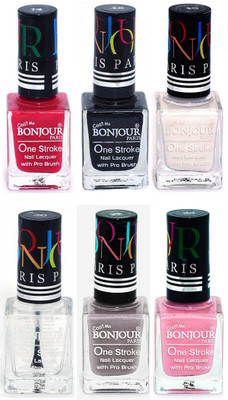 

Bonjour Paris Candy Color Long Lasting Nail paint For Teen Girls Women Nail Polish set A 220 Pink-Black-White-Top coat-Light Gray-Babby Pink(Pack of 6)