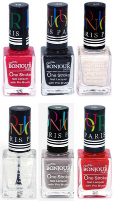 

Bonjour Paris Candy Color Long Lasting Nail paint For Teen Girls Women Nail Polish set A 228 Pink-Black-White-Top coat-Light Gray-Red(Pack of 6)