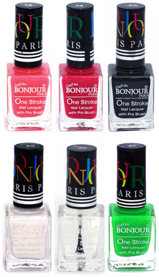 

Bonjour Paris Candy Color Long Lasting Nail paint For Teen Girls Women Nail Polish set A 214 Light Pink-Pink-Black-White-Top coat-Neon Green(Pack of 6)