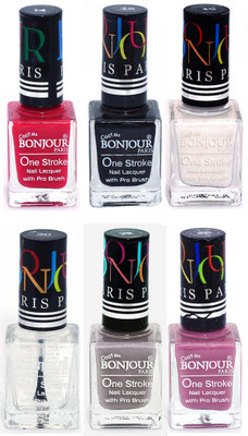 

Bonjour Paris Candy Color Long Lasting Nail paint For Teen Girls Women Nail Polish set A 218 Pink-Black-White-Top coat-Light Gray-Light Purple(Pack of 6)