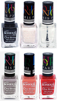 

Bonjour Paris Candy Color Long Lasting Nail paint For Teen Girls Women Nail Polish set A 243 Black-White-Top coat-Light Gray-Nude-Red(Pack of 6)