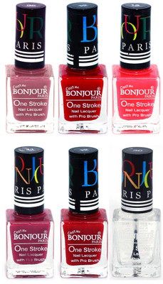 

Bonjour Paris Candy Color Long Lasting Nail paint For Teen Girls Women Nail Polish set A 103 Mauve-Red-Pink-Mauve-Red-Top coat(Pack of 6)