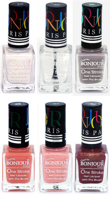 

Bonjour Paris Candy Color Long Lasting Nail paint For Teen Girls Women Nail Polish set A 251 White-Top coat-Light Gray-Nude-Nude-Coffee(Pack of 6)
