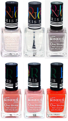 

Bonjour Paris Candy Color Long Lasting Nail paint For Teen Girls Women Nail Polish set A 258 White-Top coat-Light Gray-Nude-Nude-Neon Orange(Pack of 6)