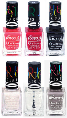 

Bonjour Paris Candy Color Long Lasting Nail paint For Teen Girls Women Nail Polish set A 199 Light Pink-Pink-Black-White-Top coat-Light Gray(Pack of 6)