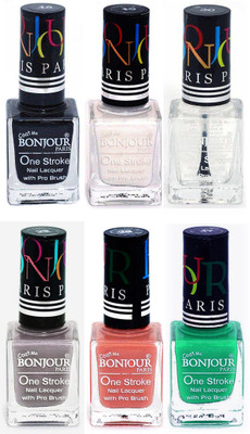 

Bonjour Paris Candy Color Long Lasting Nail paint For Teen Girls Women Nail Polish set A 242 Black-White-Top coat-Light Gray-Nude-Green(Pack of 6)