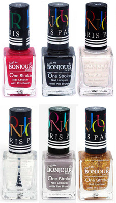 

Bonjour Paris Candy Color Long Lasting Nail paint For Teen Girls Women Nail Polish set A 224 Pink-Black-White-Top coat-Light Gray-Golden(Pack of 6)