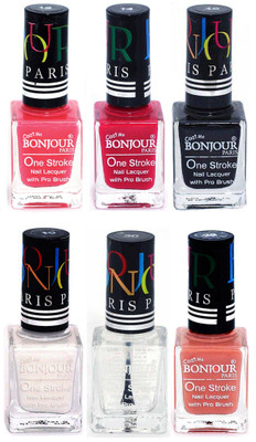 

Bonjour Paris Candy Color Long Lasting Nail paint For Teen Girls Women Nail Polish set A 200 Light Pink-Pink-Black-White-Top coat-Nude(Pack of 6)