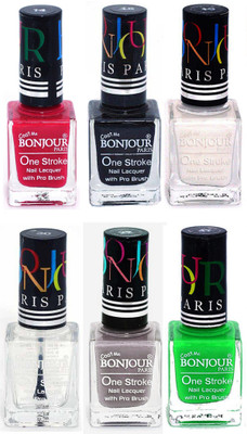 

Bonjour Paris Candy Color Long Lasting Nail paint For Teen Girls Women Nail Polish set A 230 Pink-Black-White-Top coat-Light Gray-Neon Green(Pack of 6)
