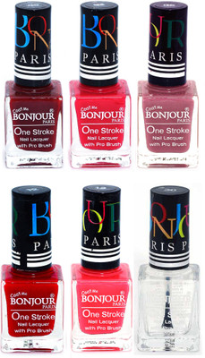 

Bonjour Paris Candy Color Long Lasting Nail paint For Teen Girls Women Nail Polish set A 58 Dark Red-Pink-Mauve-Red-Pink-Top coat(Pack of 6)
