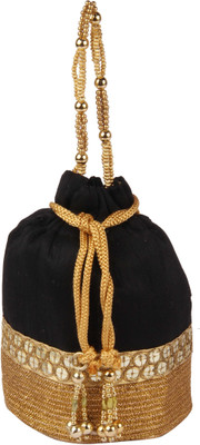 

Sunbeams SB2302BK Rawsilk Dholak Tiki Border Batwa Potli(Black)