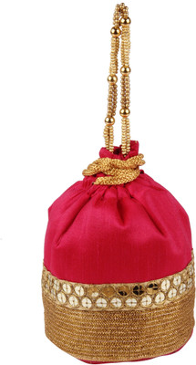 

Sunbeams SB2302RN Rawsilk Dholak Tiki Border Batwa Potli(Pink)