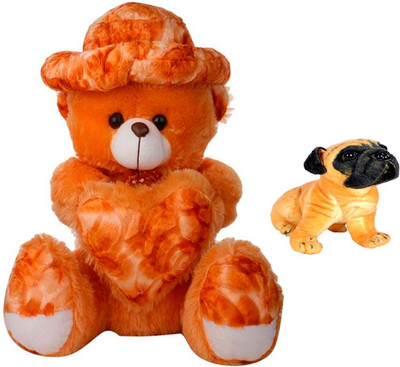 

ATTRACTIVE 3 FEET SOFT CUTE SITTING CAP & HEART TEDDY BEAR WITH SMALL PUG DOG - 85 cm(Brown)