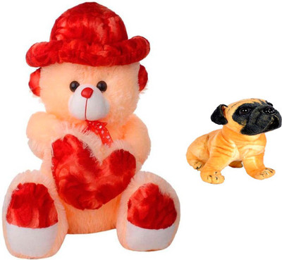 

ATTRACTIVE 3 FEET SOFT CUTE SITTING CAP & HEART TEDDY BEAR WITH SMALL PUG - 85 cm(Cream)