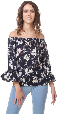 Wiser Casual 3/4 Sleeve Floral Print Women Blue Top