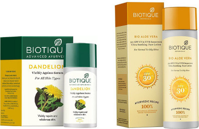 

BIOTIQUE BIO Bio Dandelion Ageless Lightening Serum, Bio Aloe Vera Ultra Soothing Face Lotion SPF 30 UVA/UVB Sunscreen(Set of 2)