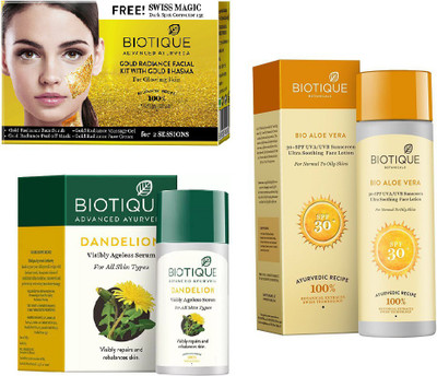 

BIOTIQUE BIO Gold Radiance Facial Kit, Bio Dandelion Ageless Lightening Serum, Bio Aloe Vera Ultra Soothing Face Lotion SPF 30 UVA/UVB Sunscreen(Set of 3)