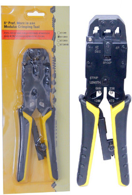 

BalRama Network Modular Crimping Tool HT-200R with Ratchet Mechanism 8" More in One Modular Triplex Tool Cuts + Strips + Crimps all kinds of Modular Plug Ratcheting Modular Crimper and Stripper Multifunctional Ethernet Cable 8 inch Pliers Strippers 10p10c