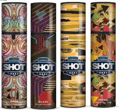

Layer'r Shot Maxx Rage,Blaze,Flick,Trend Body Spray - For Men(125 ml, Pack of 4)