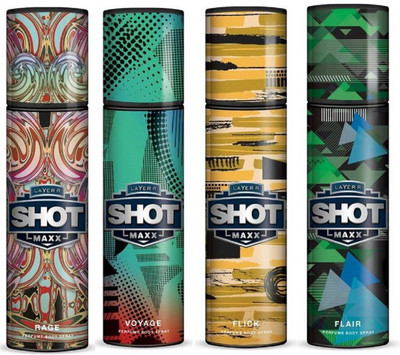 

Layer'r Shot Maxx Rage,Voyage,Flick,Flair Body Spray - For Men(125 ml, Pack of 4)
