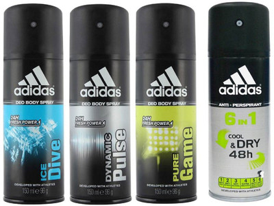 

ADIDAS Ice Dive,Dyminc Pulse,Pure Game,Cool & Dry Deodorant Spray - For Men(150 ml, Pack of 4)