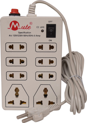 mute Universal Extension cord Surge Protector 8 in 1 Mini Power Strip with ON / OFF Switch and indicator .2 core Round Lead with 3 Meters wire Length (copper). 6 Two Pin Socket + 2 Three Pin Socket 8 Socket Surge Protector 6 A Three Pin Socket available at flipkart for Rs.189